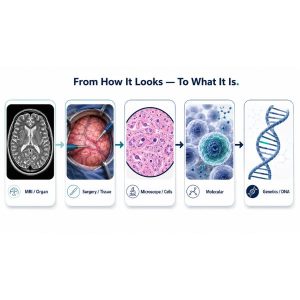 A visual sequence showing progression from an MRI scan to surgery, cell microscopy, molecular structure, and DNA strand, labeled from organ to genetics.